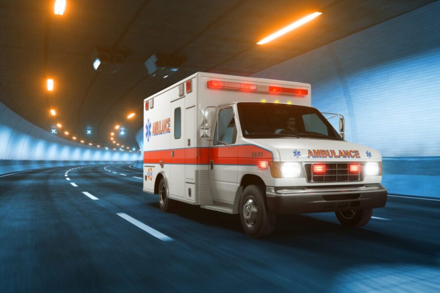 Classic Ambulance vehicle with glow and motion blur 3d rendering